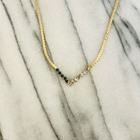 Vintage Chevron Station Necklace Green and Clear Crystal Gold Toned Metal - Picture 1 of 6